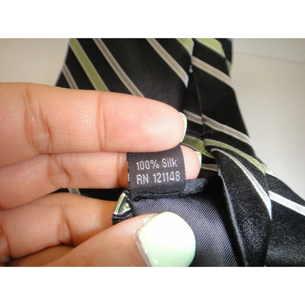 Michael Kors Mens Silk Necktie Black Lime Green Silver Diagonal Stripe RN 121148